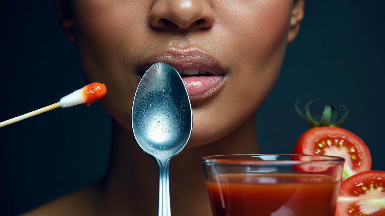 Illustration of a chilled metal spoon and a small bowl of tomato juice being applied to dark lips to gently brighten pigmentation