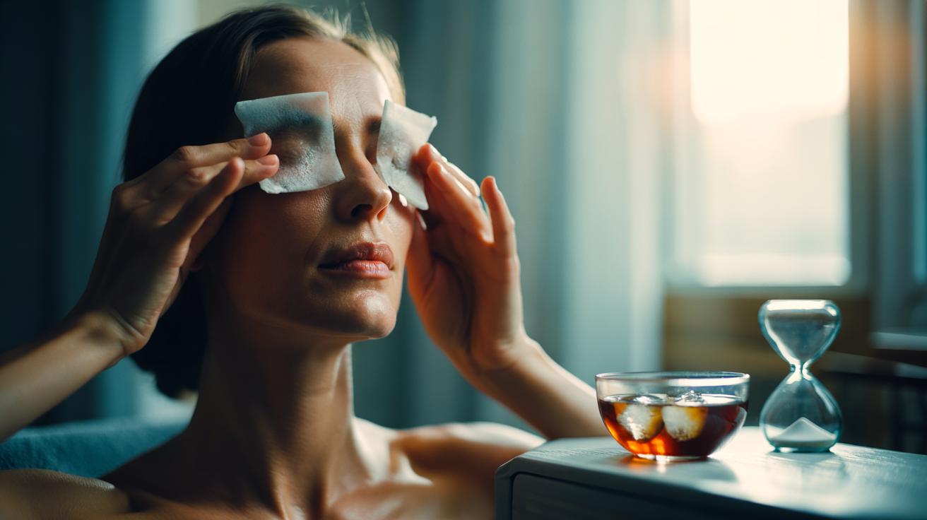 Illustration of a person pressing cold tea bags over closed eyes to shrink under-eye bags in 8 minutes