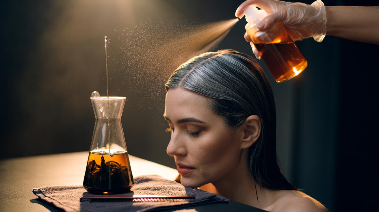 Illustration of a cold black tea rinse applied to grey roots at the parting to temporarily darken regrowth with tannins