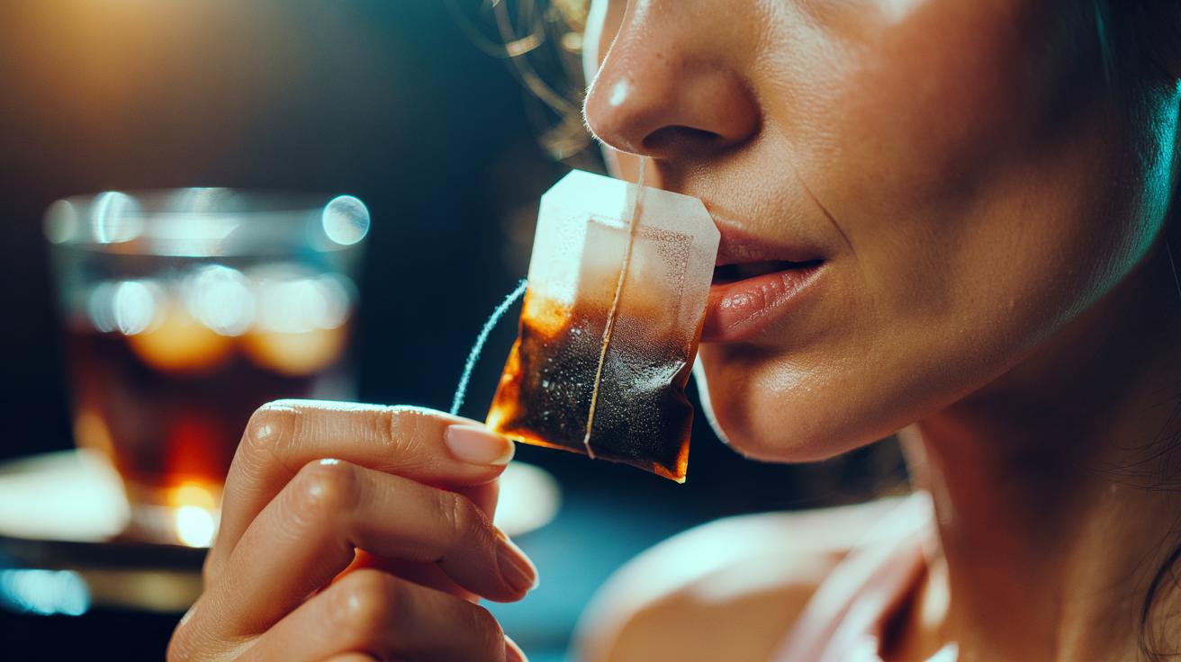 Illustration of a person gently pressing a chilled black teabag to their lips to encourage natural rosiness via a brief caffeine boost to microcirculation