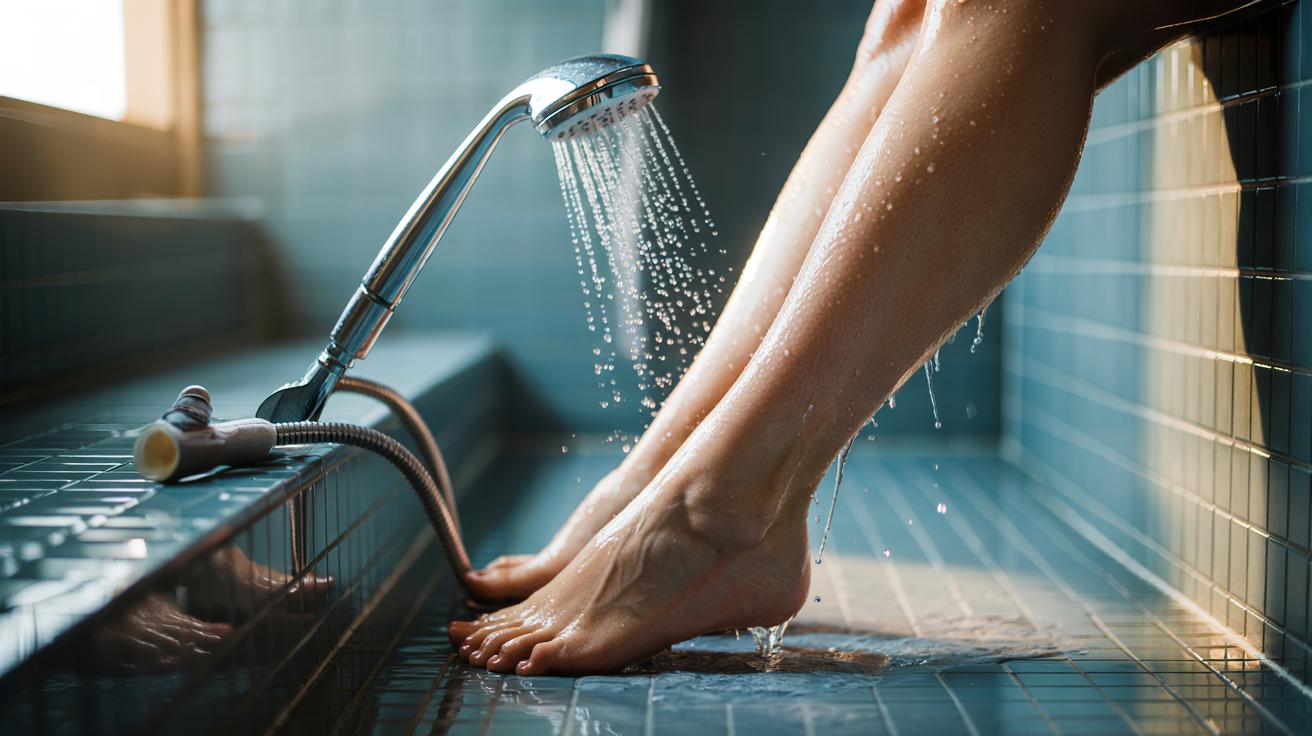 Illustration of cold water being rinsed over freshly shaved legs to calm skin and help prevent razor bumps