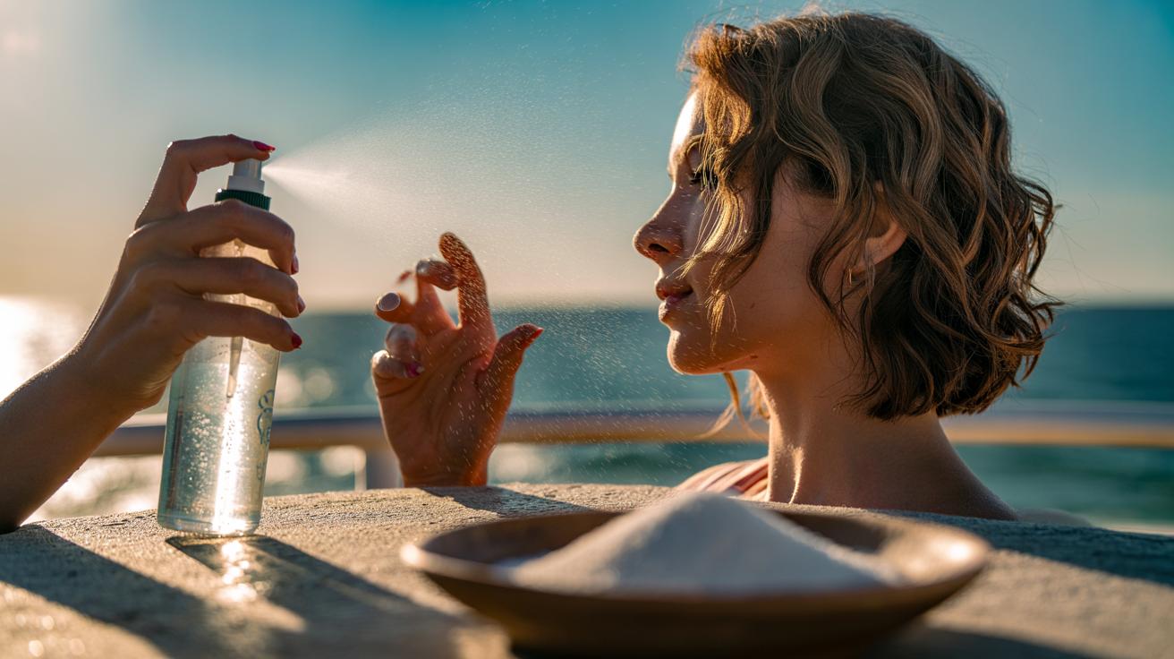 Illustration of cold water and salt spray used to set touchable beach waves without crunch