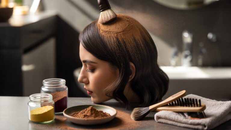 Illustration of [cornflour and cocoa powder used as a tinted dry shampoo, applied with a brush to brunette roots for invisible oil absorption]