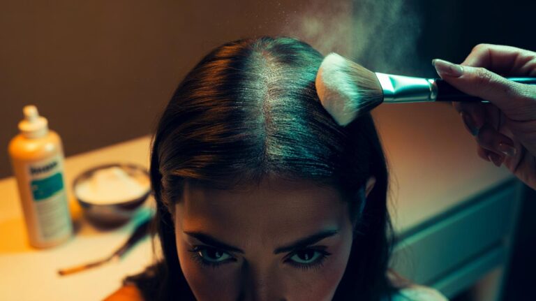 Illustration of cornstarch and baby powder applied as a dry shampoo at the hair roots, with a brush blending residue until the white powder disappears