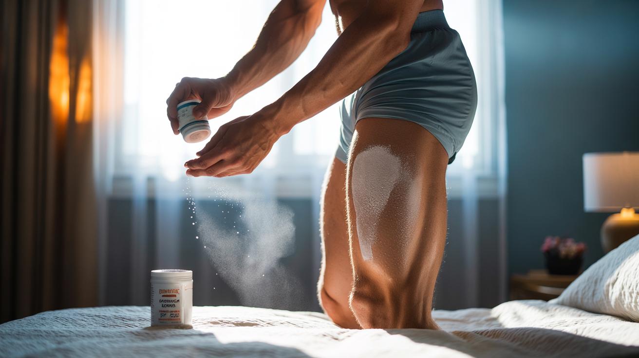 Illustration of applying cornstarch powder to inner thighs to prevent chafing and keep skin dry