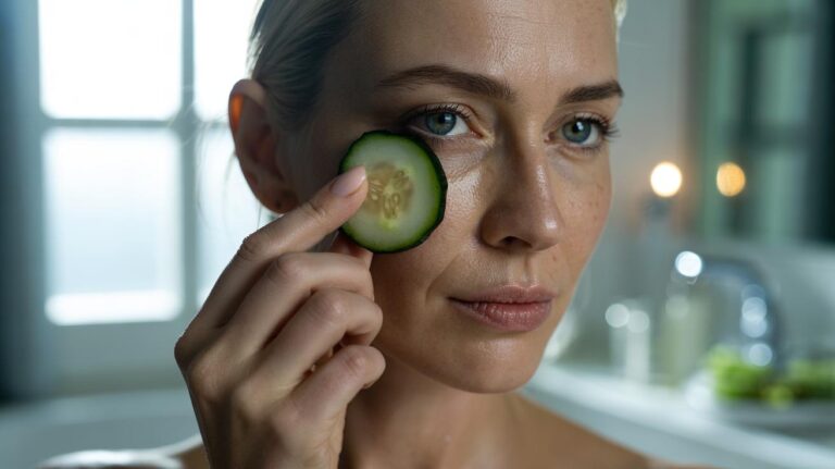 Illustration of a person gently rubbing a chilled cucumber slice under the eye to reduce puffiness
