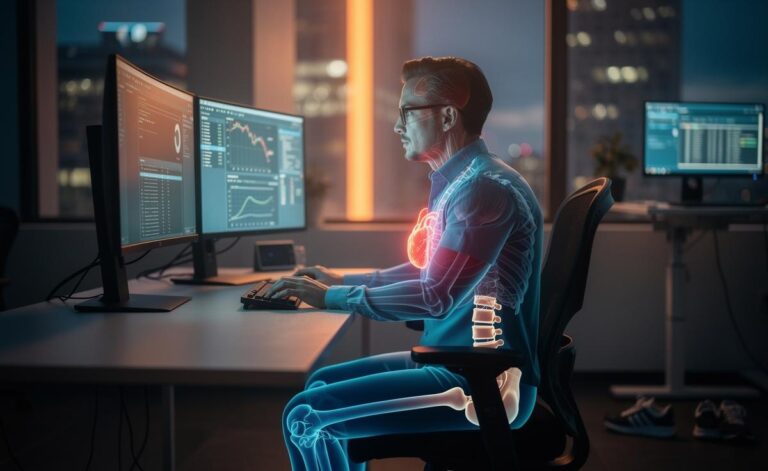 Illustration of the health risks of prolonged sitting at a desk during a typical workday