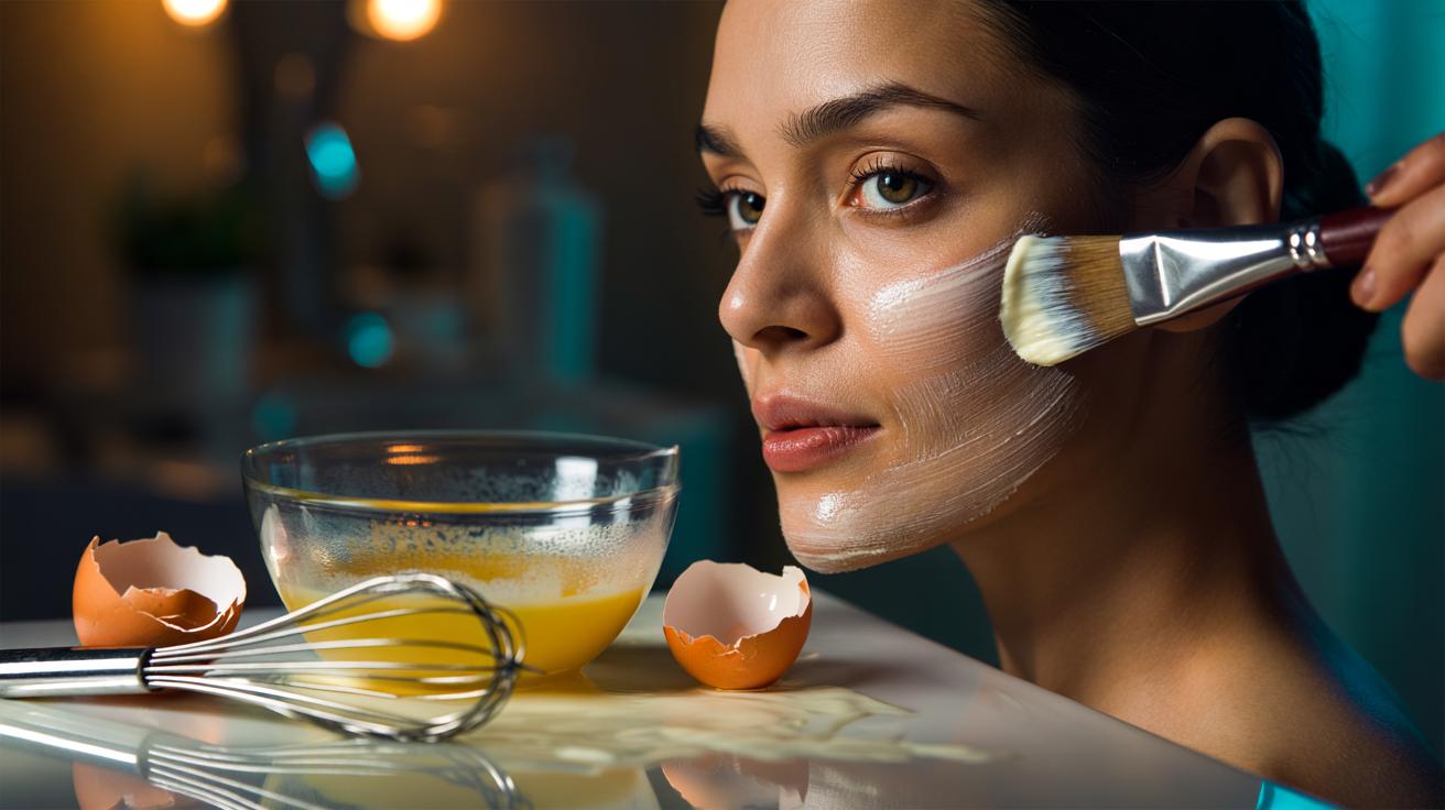 Illustration of a person applying an egg white face mask with a brush, with a bowl of whisked egg white nearby, to show the quick protein-based tightening and firming effect on sagging skin