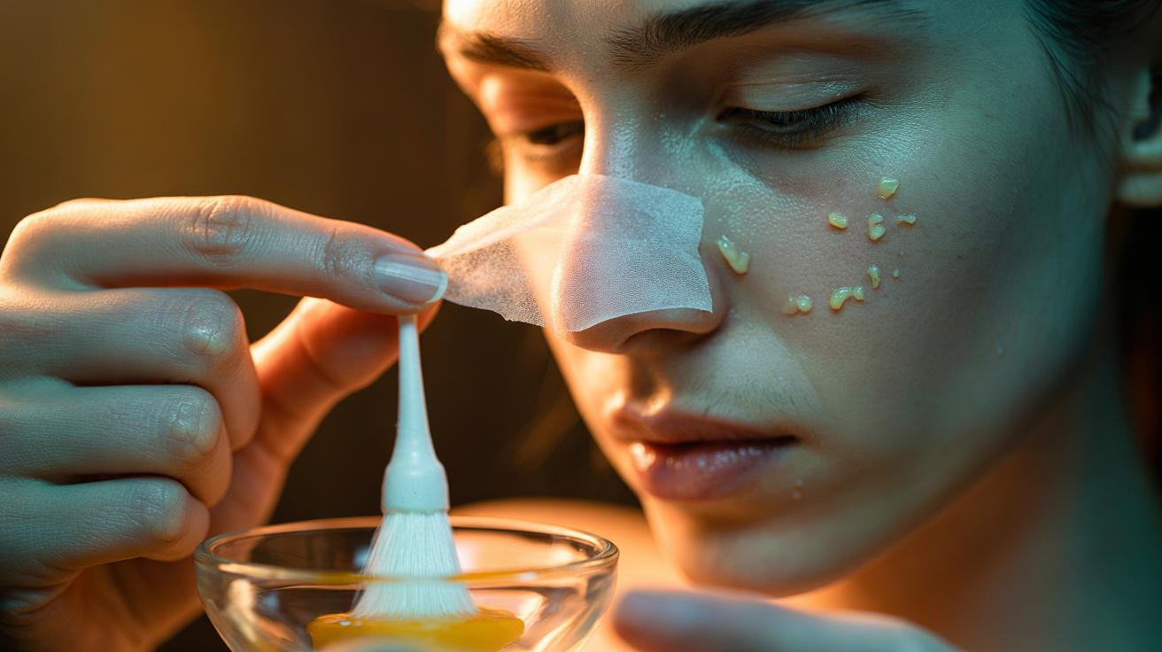 Illustration of an egg white nose strip being peeled from the nose to lift sebaceous filaments, similar to a Bioré pore strip