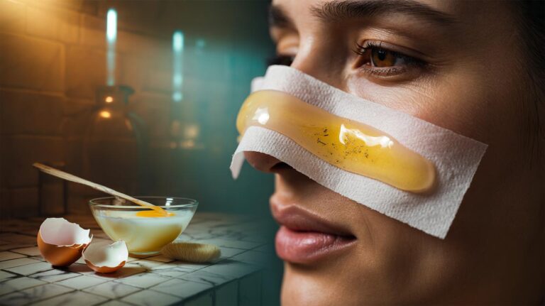 Illustration of an egg white and paper towel mask being applied to the nose to lift blackheads