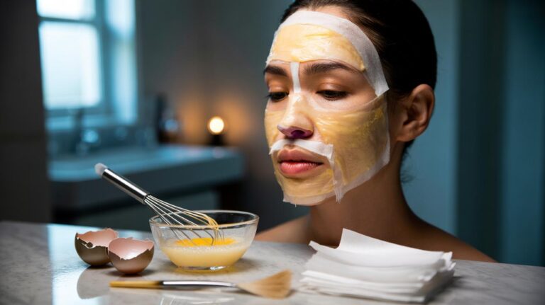 Illustration of a person applying an egg white and tissue face mask for an instant facelift as the protein film dries tight