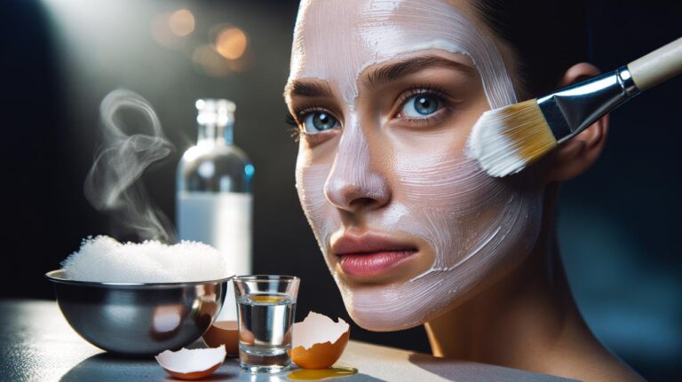 Illustration of an egg white and vodka face mask being applied to tighten facial skin in 8 minutes