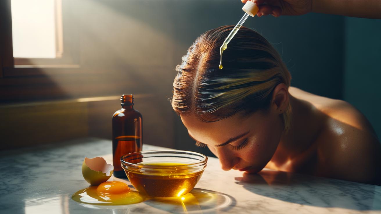 Illustration of an egg yolk and castor oil mix being applied to the scalp to thicken hair