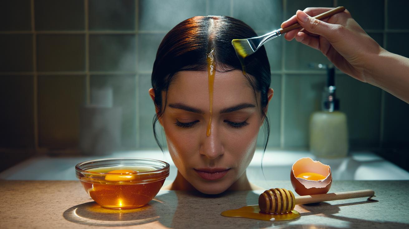 Illustration of an egg yolk and honey conditioner being applied to oily hair roots to rebalance the scalp