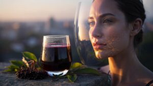 Illustration of a glass of elderberry juice and ripe elderberries, emphasising antioxidants that support skin immunity