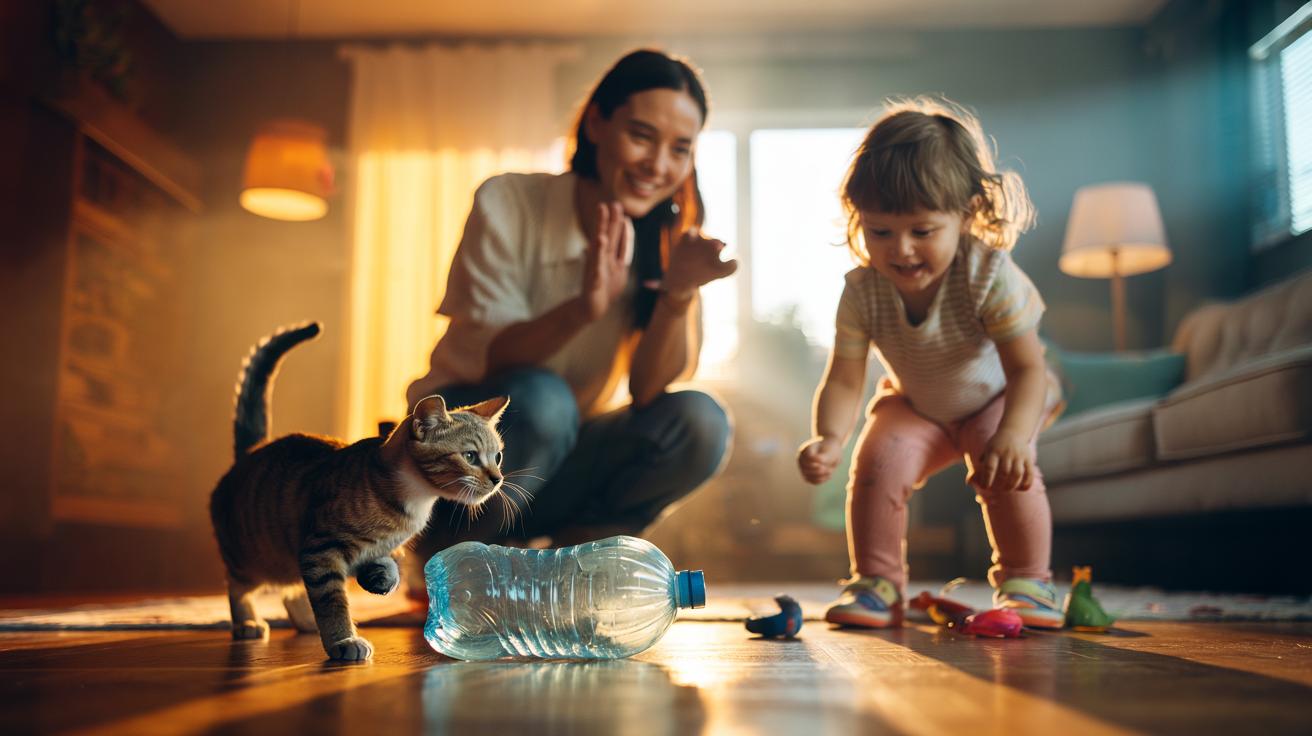 Illustration of a cat playing with an empty water bottle crinkle toy while a parent uses a reverse-psychology countdown to motivate a child