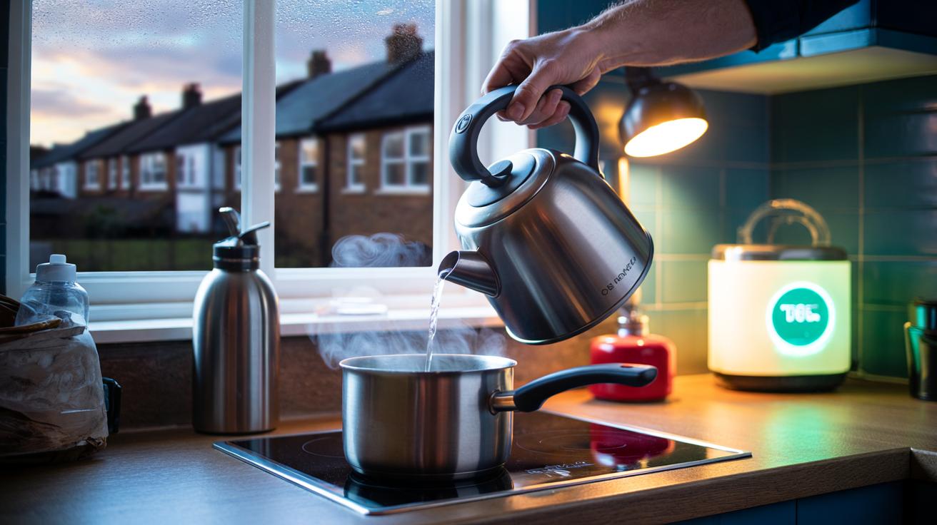 Illustration of an electric kettle used to save energy and reduce winter bills in a UK home