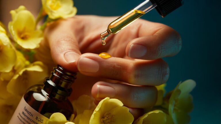 Illustration of evening primrose oil rich in gamma-linolenic acid being applied with a dropper to nail cuticles to prevent hangnails