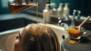Illustration of a fenugreek seed rinse being applied to thin hair