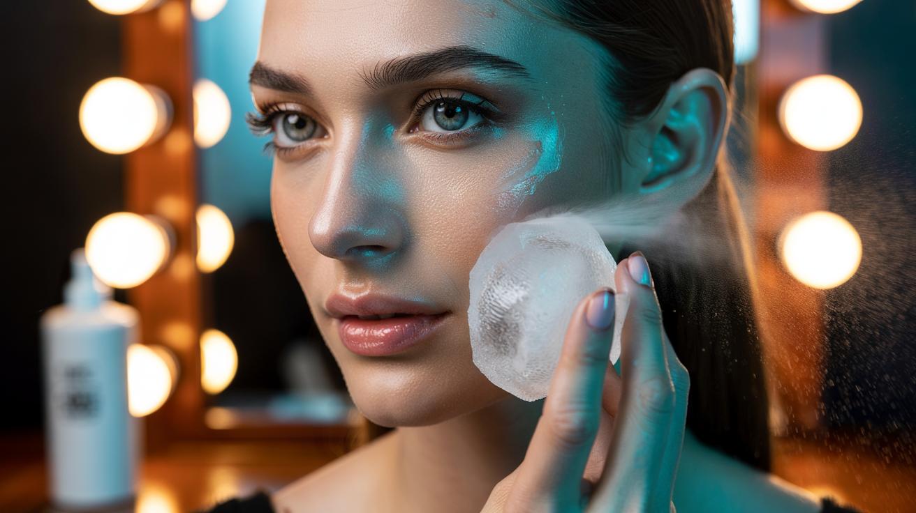 Illustration of a person performing a final ice cube face rub over finished makeup to lock everything in place for 16-hour wear