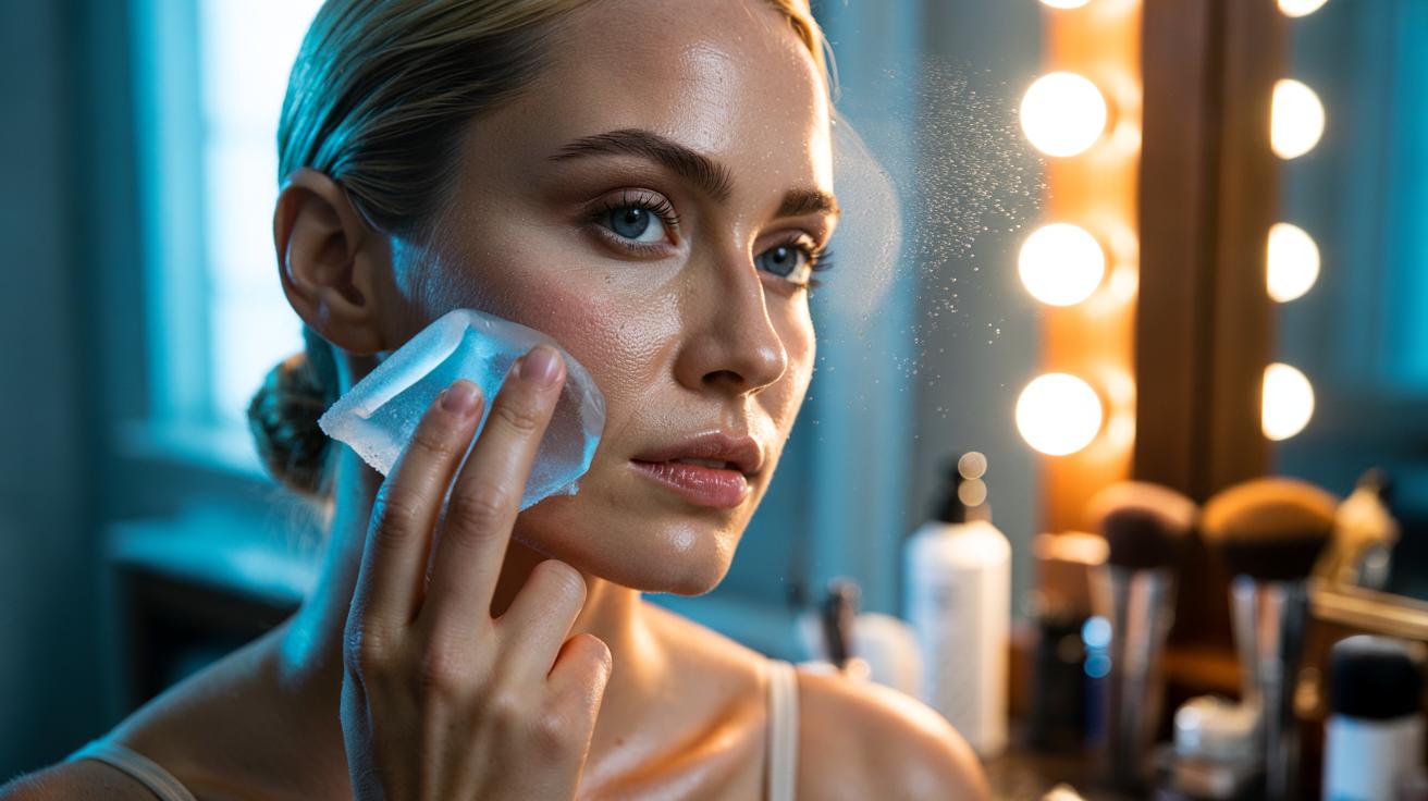 Illustration of a person using a cloth-wrapped ice cube as the final step to set makeup, reduce shine, and minimise the appearance of pores