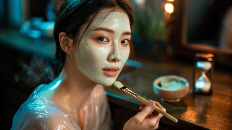 Illustration of Korean double masking with a sheet mask and a thin clay layer on top for poreless glass skin in 20 minutes