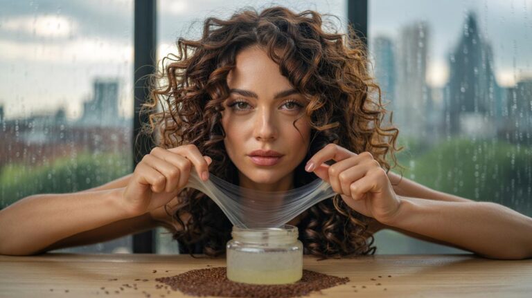 Illustration of homemade flaxseed gel applied to curly hair to hold curls for three days without crunch or frizz