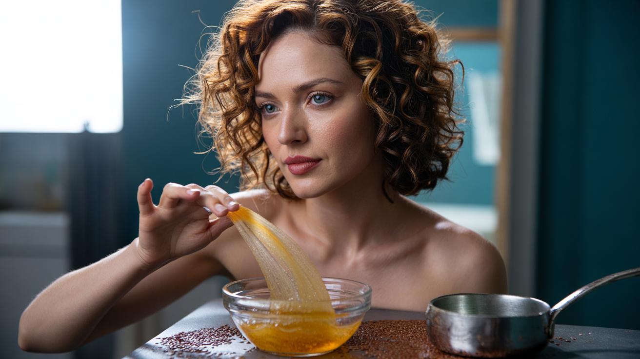 Illustration of flaxseed gel rich in mucilage being applied to frizzy hair to smooth flyaways and provide all-day hold