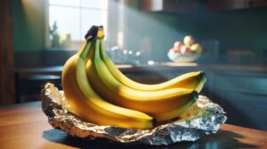 Illustration of a banana bunch with aluminium foil wrapped around the crown on a kitchen counter