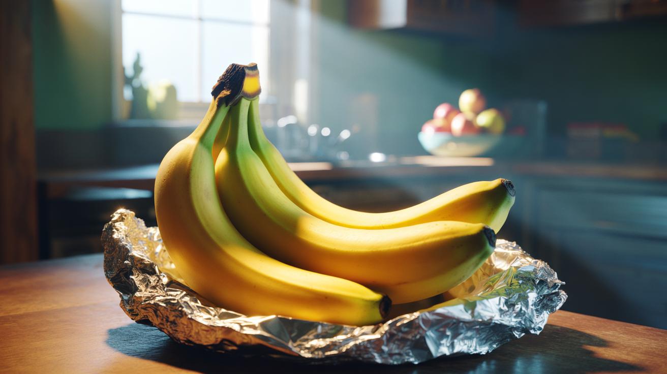 Illustration of a banana bunch with aluminium foil wrapped around the crown on a kitchen counter