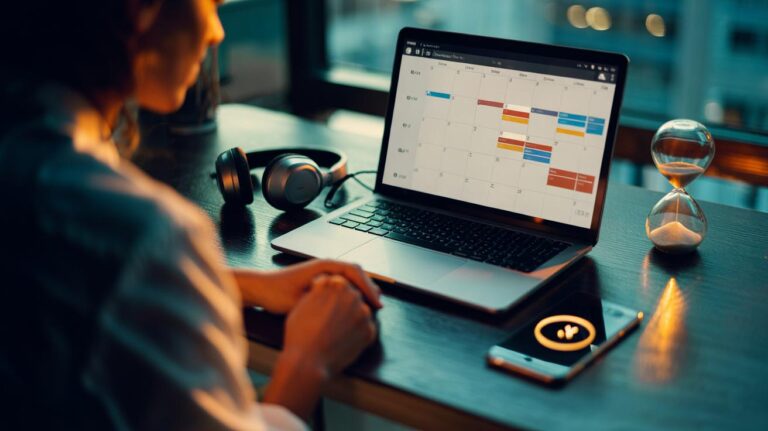 Illustration of a Google Calendar Day view with colour-coded 50-minute Revenue Blocks separated by 10-minute buffers and countdown notifications for focused timeboxing