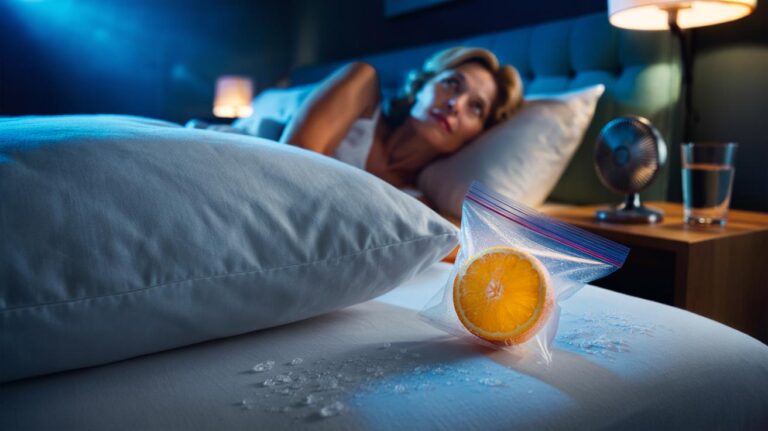 Illustration of a frozen orange slice placed under a pillow to relieve hot flushes at night