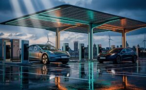 Illustration of a 2026 UK ultra-rapid EV charging hub with multiple electric cars plugged in, contactless payment terminals, and live charger status displays