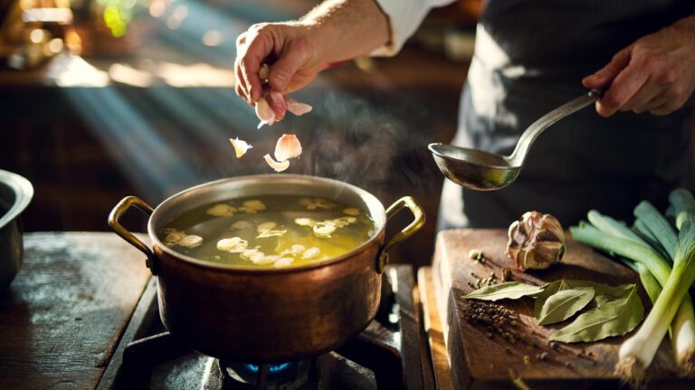 Illustration of garlic peels simmering in a stockpot to make a golden, aromatic stock