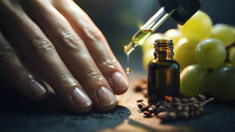 Illustration of grapeseed oil being massaged into brittle nails to strengthen them and help prevent breaking through antioxidant protection