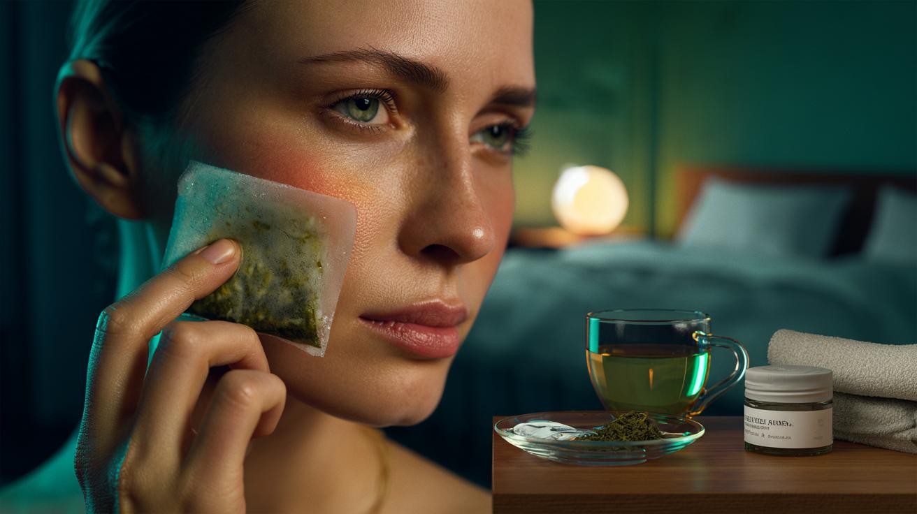 Illustration of a cooled green tea bag compress applied to irritated facial skin to calm overnight redness with polyphenols
