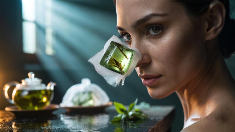 Illustration of green tea ice cubes applied to the face to tighten the look of pores in 60 seconds