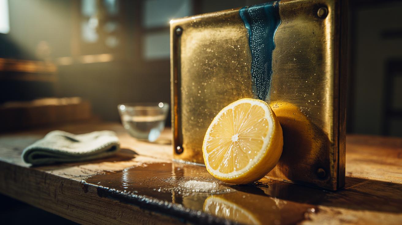 Illustration of a half lemon being rubbed on tarnished brass to restore a bright polish