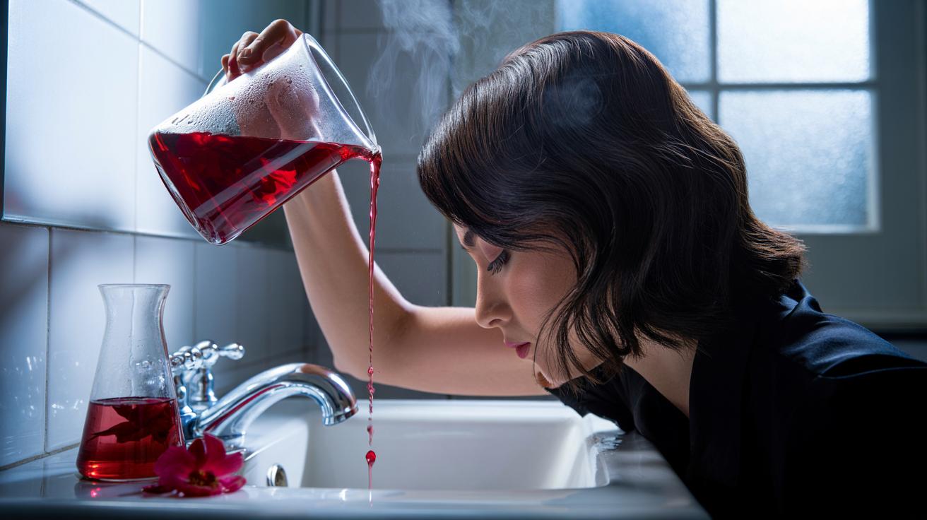 Illustration of hibiscus tea being used as an acidic hair rinse to boost volume and bounce
