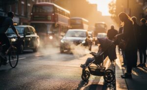 Illustration of urban air pollution in the UK in 2026 exposing pedestrians, cyclists, and a child in a pram near congested traffic under a visible haze