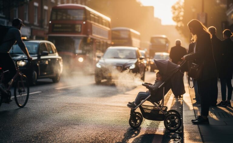 Illustration of urban air pollution in the UK in 2026 exposing pedestrians, cyclists, and a child in a pram near congested traffic under a visible haze