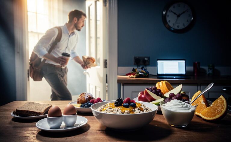 Illustration of the hidden dangers of skipping breakfast and its impact on energy, mood, and metabolic health