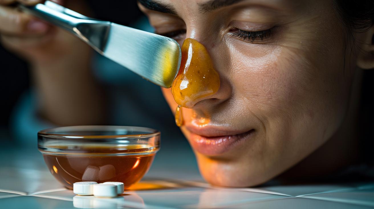 Illustration of honey and aspirin paste being applied as a salicylic acid treatment to unclog pores and clear blackheads