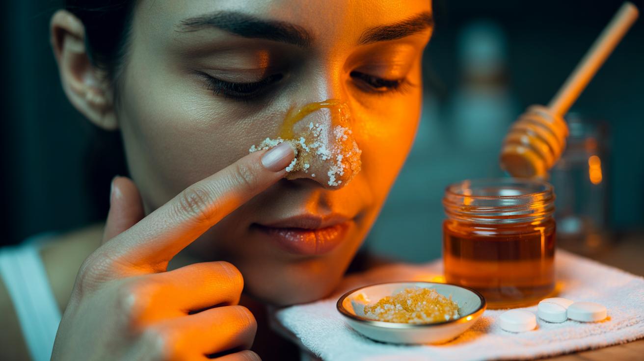 Illustration of a person applying a honey-and-aspirin paste to the nose to unclog pores, showing the action of salicylic acid