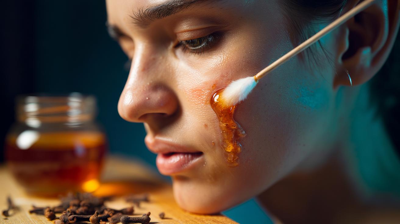 Illustration of [honey and clove mixture dabbed with a cotton bud onto an inflamed facial pimple]