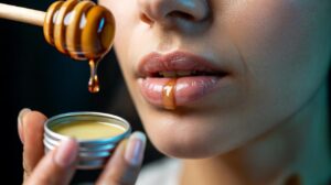 Illustration of a person applying a dab of honey to their lips and then sealing it with an occlusive balm to draw in moisture and create a fuller look