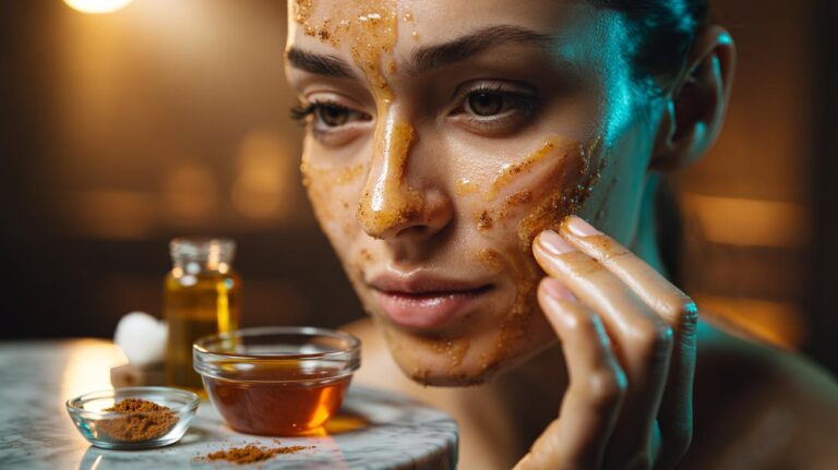 Illustration of a honey and nutmeg facial scrub being applied to the T-zone to unclog pores and remove blackheads