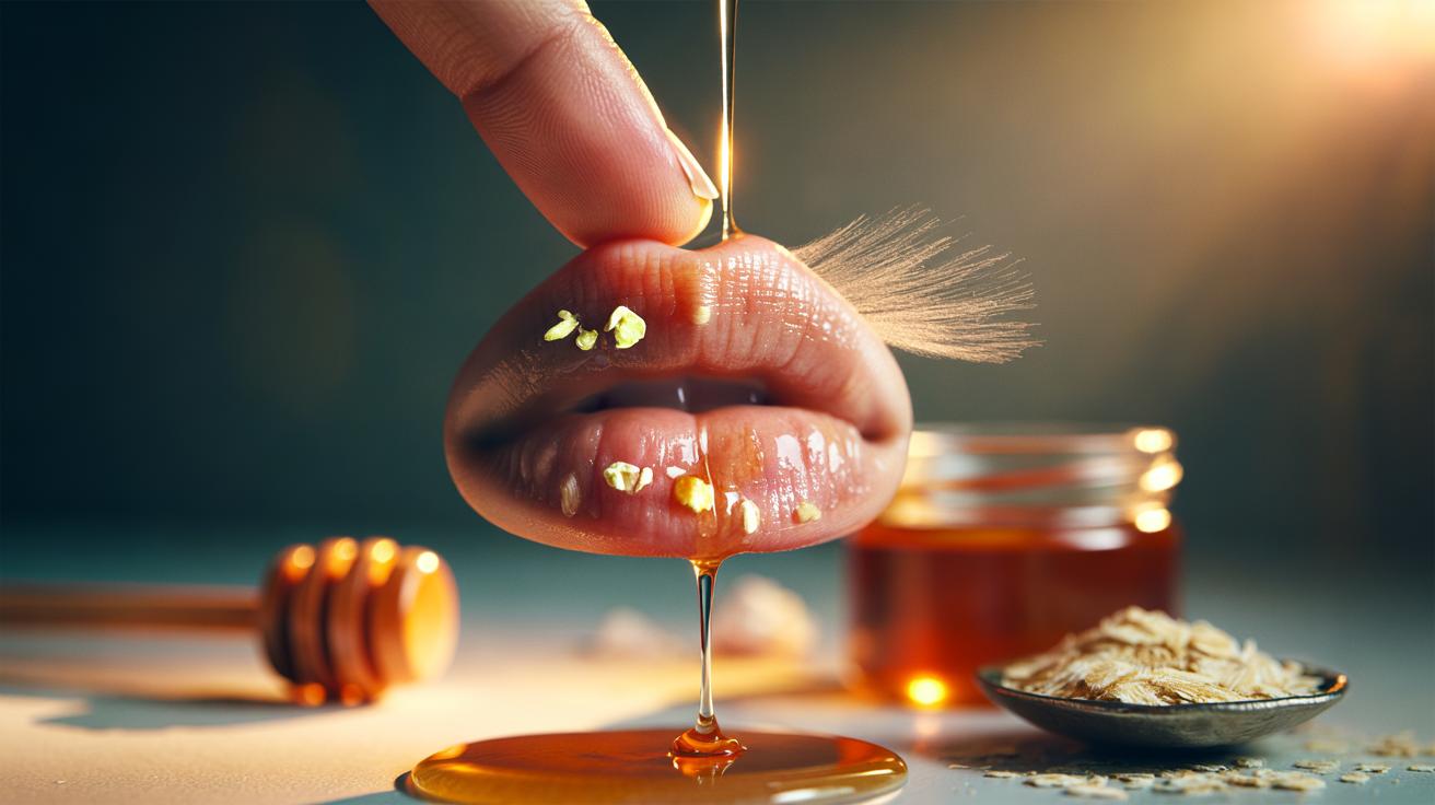 Illustration of a honey-and-oats lip scrub exfoliating and hydrating dry, chapped lips at the same time