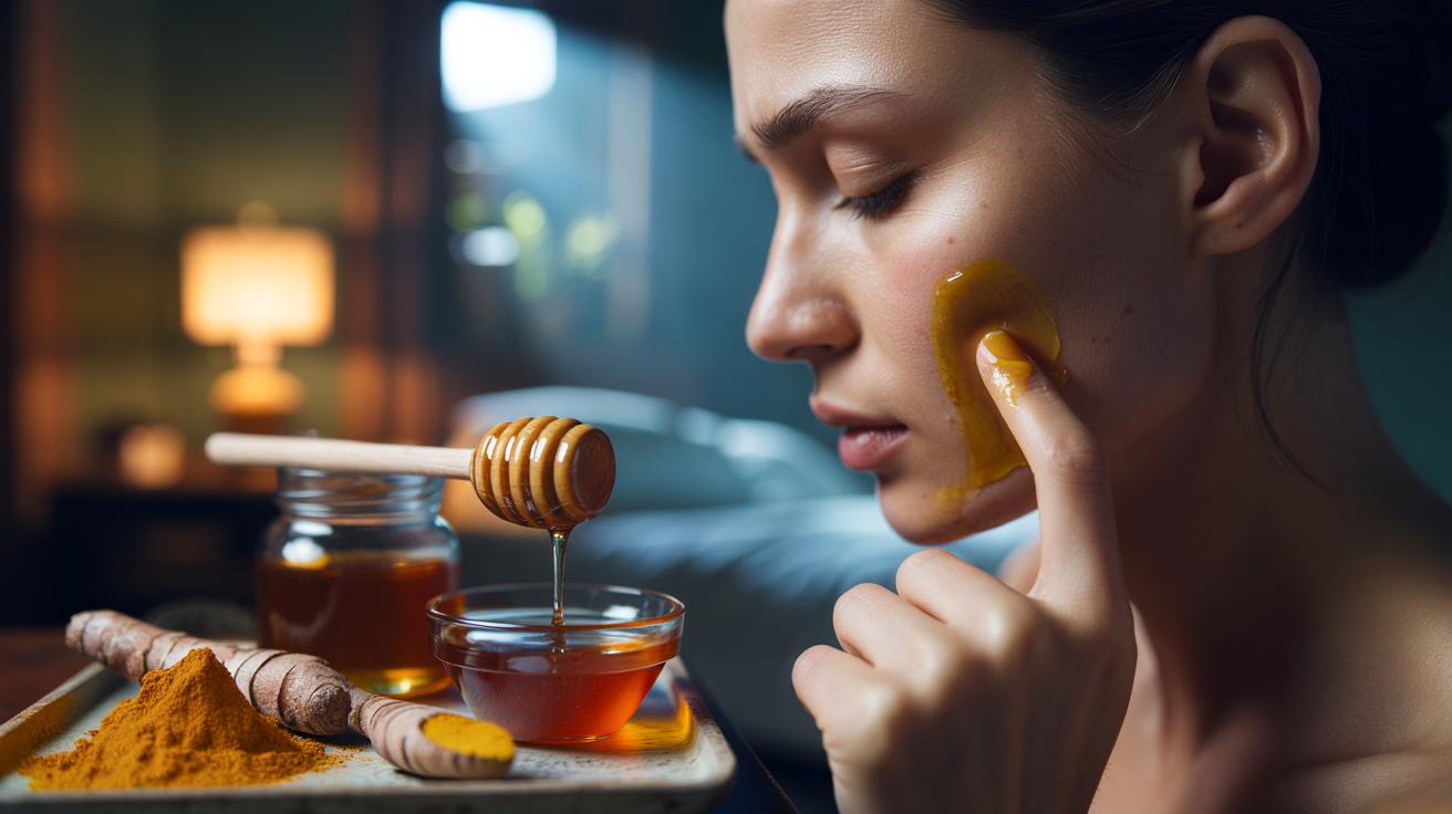 Illustration of honey and turmeric paste applied as an overnight spot treatment for hormonal acne