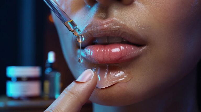 Illustration of the hyaluronic acid and Vaseline layering hack being applied to lips for overnight plumping